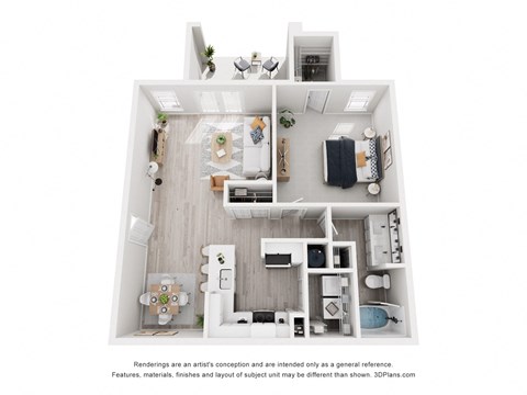 Floor plan for 1 bed, 1 bath, 876 sqft